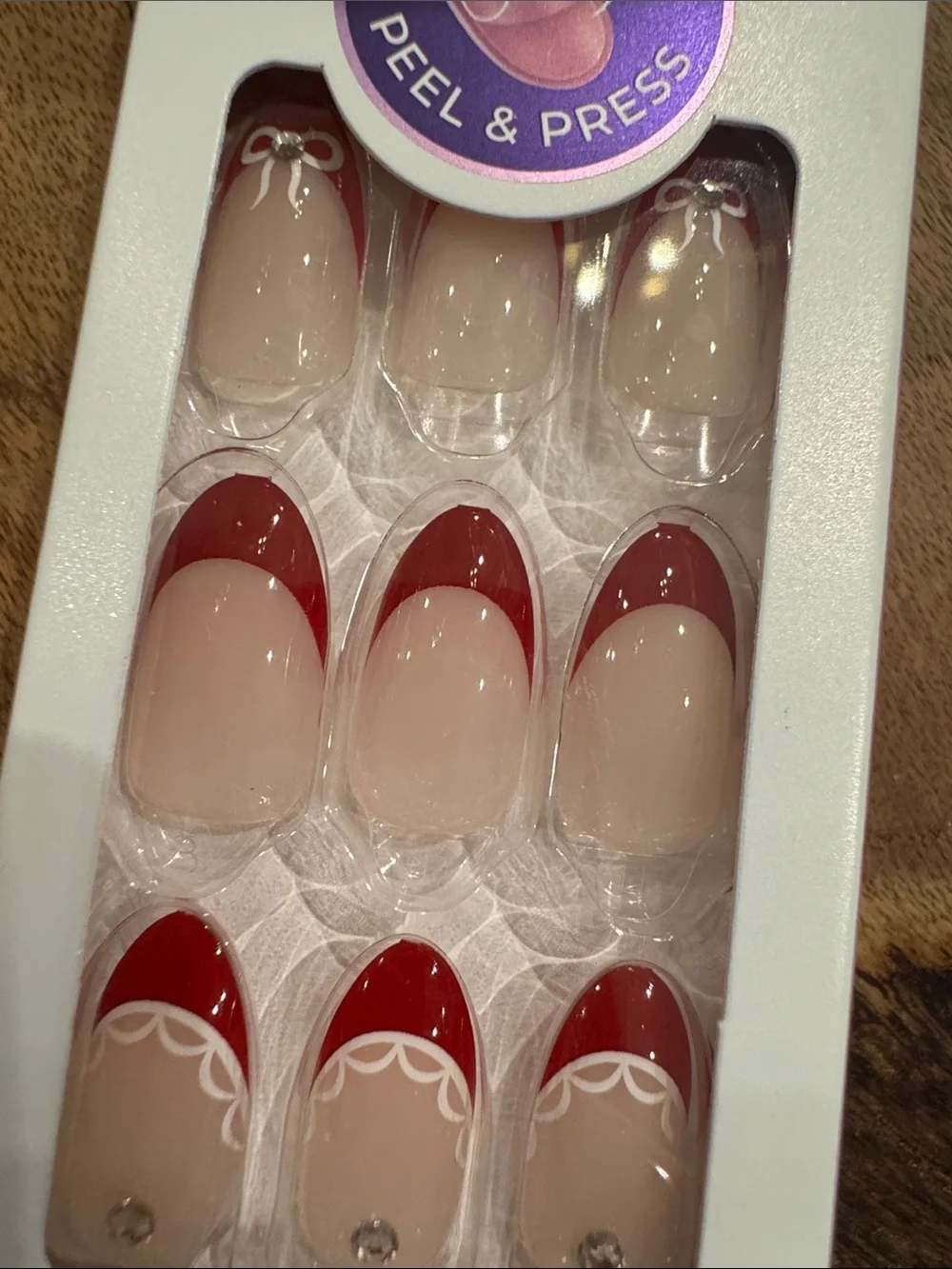 imPRESS Red and Nude French Tip Press-On Nails with White Lace & Bow Accents